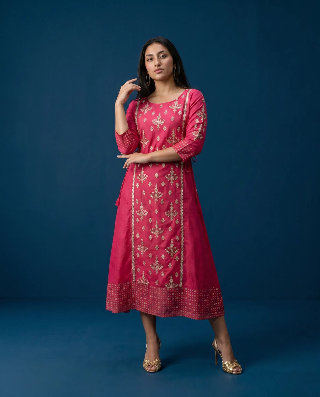 Magenta Embriodered Silk Blended Maxi Dress