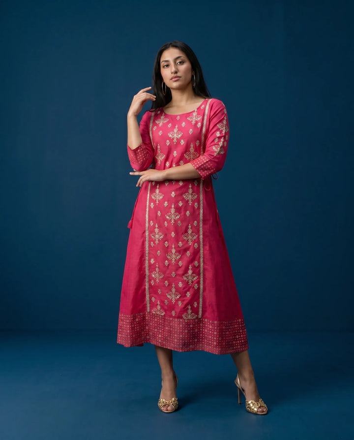 Magenta Embriodered Silk Blended Maxi Dress