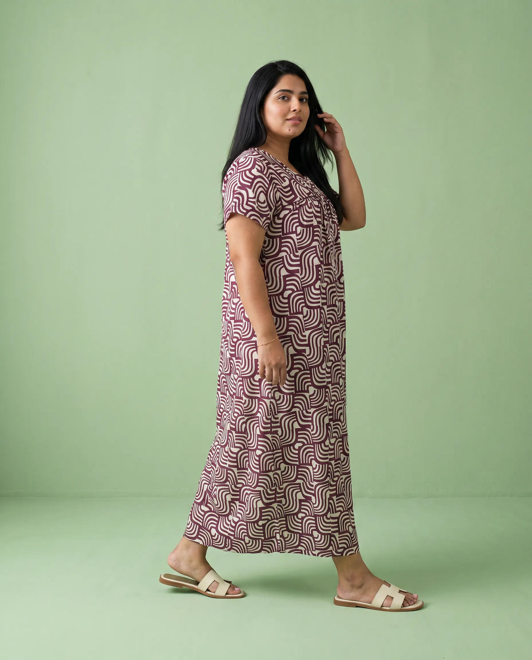 Maroon Printed Super Soft Rayon Night Dress / Home Wear