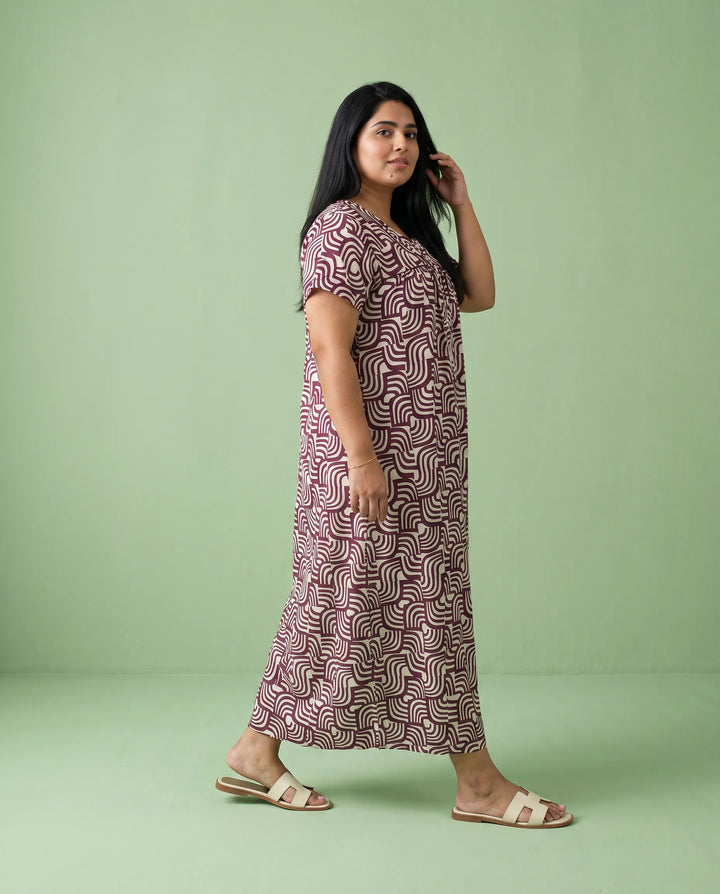 Maroon Printed Super Soft Rayon Night Dress / Home Wear