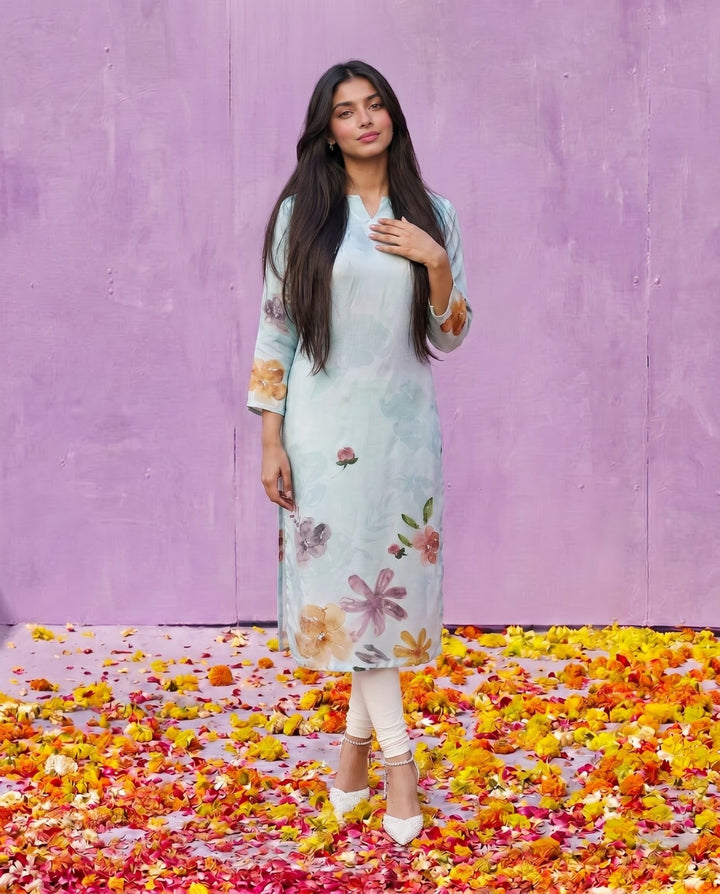 Sea Green Printed Crepe Silk Straight cut Long Kurta