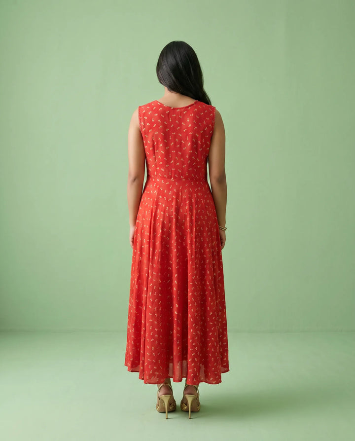 Red Printed Rayon Sleeveless Maxi Dress