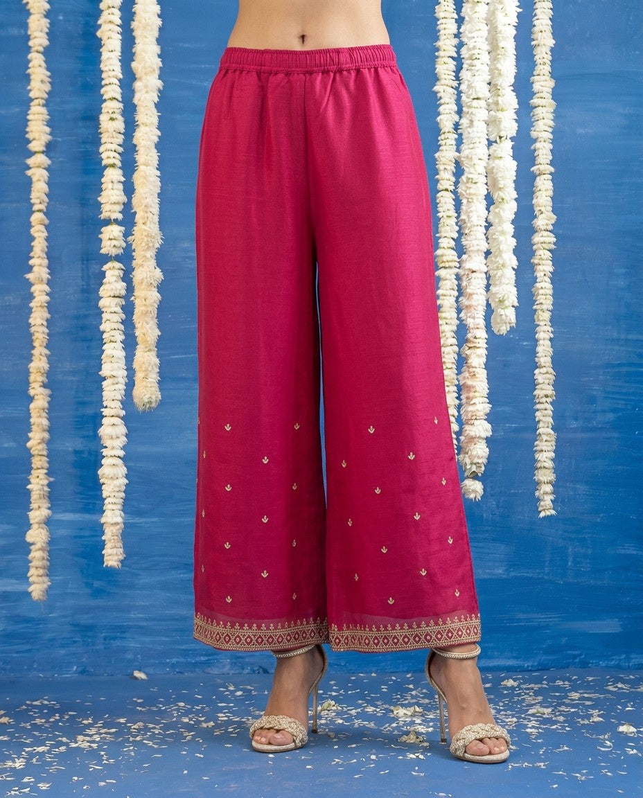 Magenta Embriodered Silk Blended Sleeveless Kurta Bottom Dupatta Set