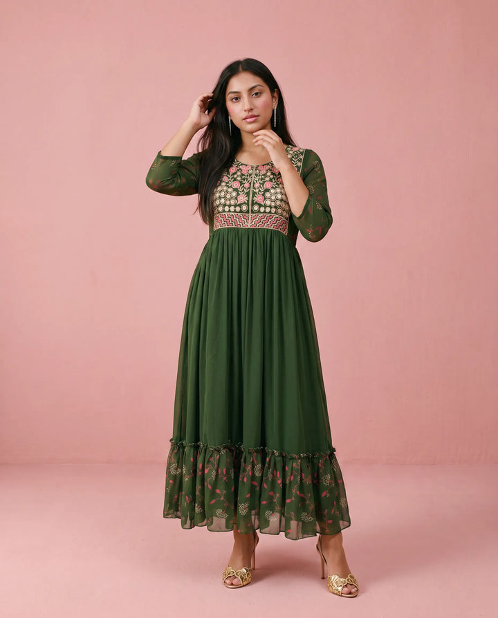 Green Embriodered Georgette Maxi Dress