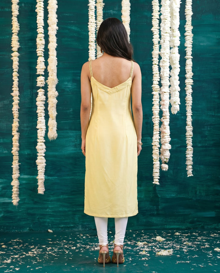 Yellow Embroidered Viscose Blended Spaghetti Strap Straight Cut Long Kurta