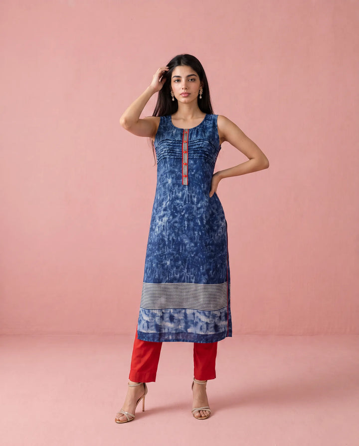 Navy Printed Viscose Blended Straight cut Long Kurta