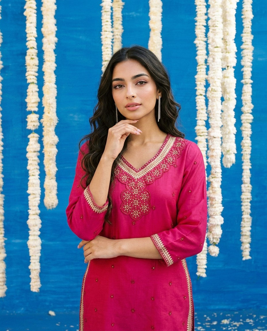 Magenta Embroidered Viscose Blended Straight cut Long Kurta