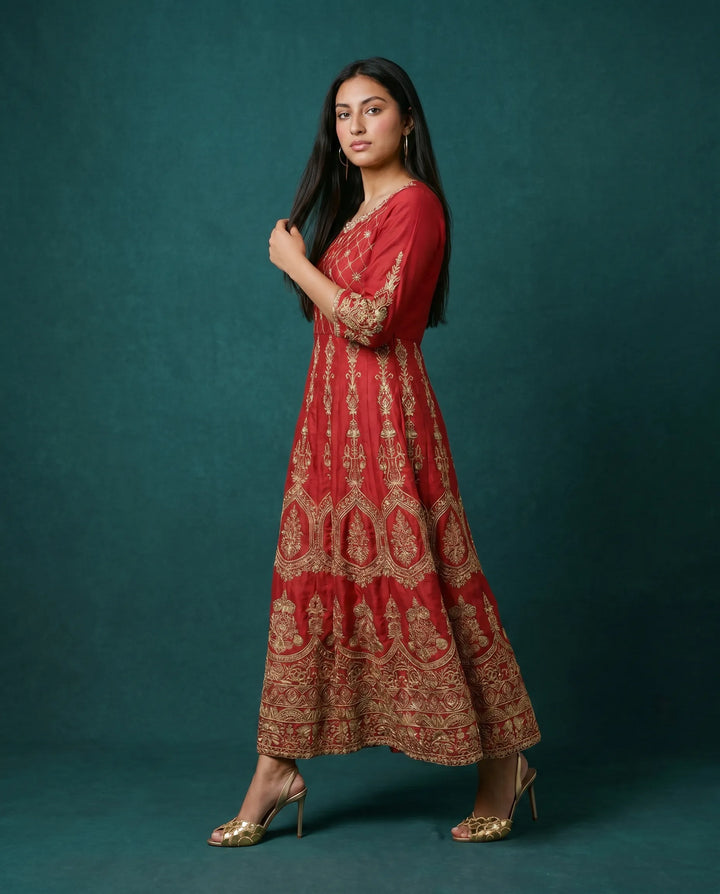Red Embriodered Silk Blended Maxi Dress