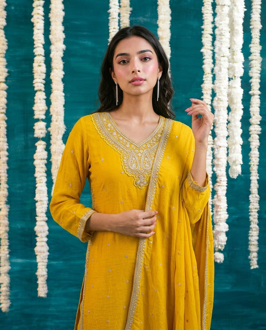 Yellow Embriodered Silk Blended Kurta Bottom Dupatta Set