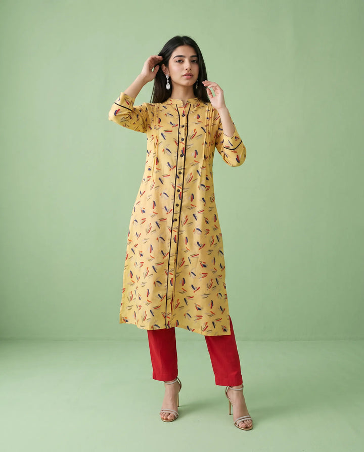 Yellow Printed Cotton Straight cut Long Kurta