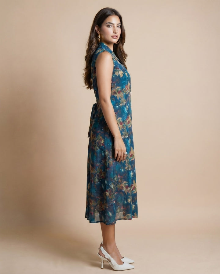 Blue Printed Viscose Blended Midi Dress