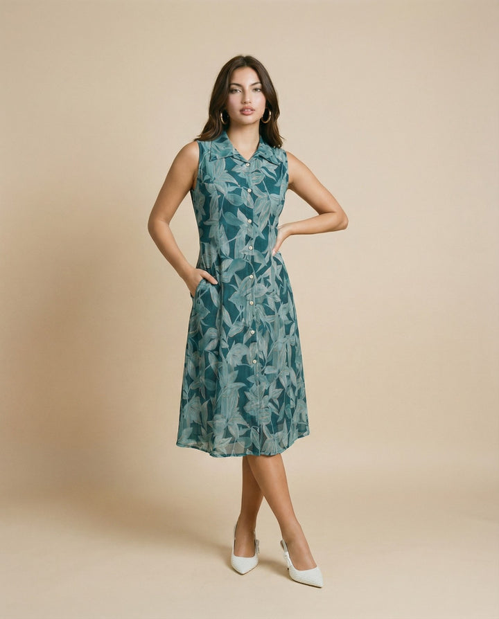 Teal Printed Viscose Blended Midi Dress