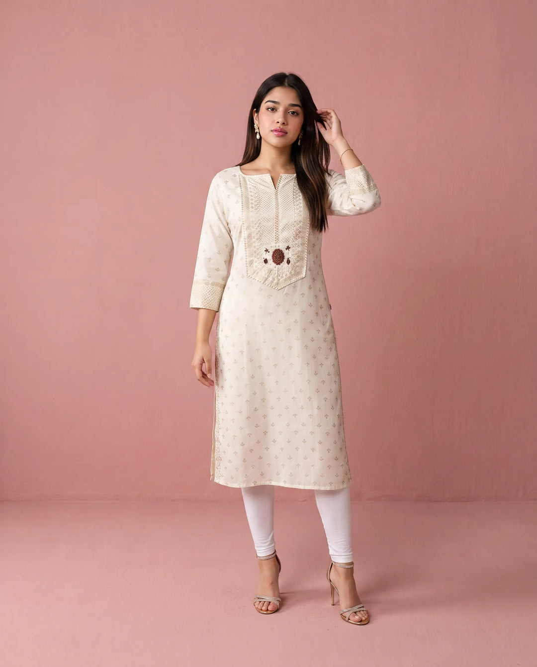 White Printed Cotton Straight cut Long Kurta