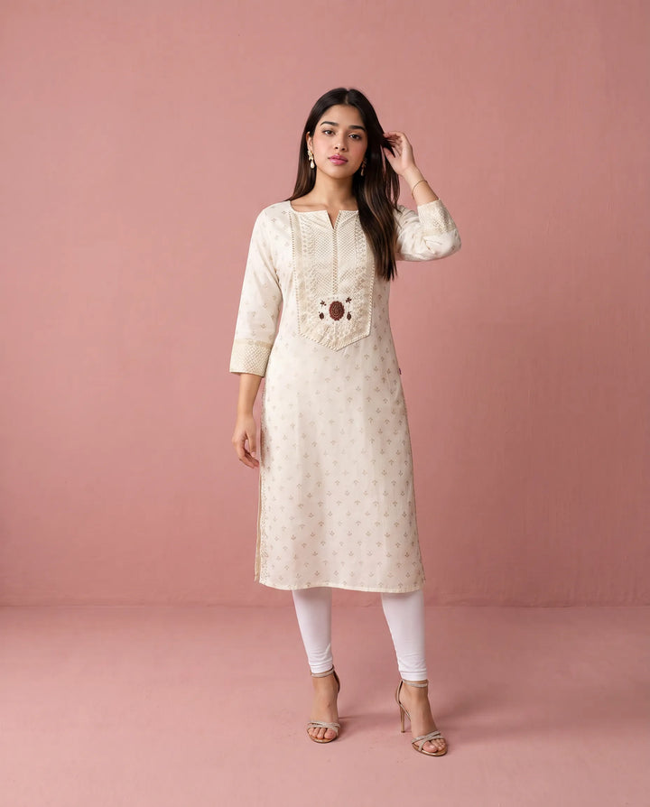 White Printed Cotton Straight cut Long Kurta