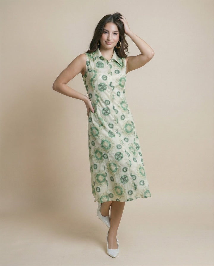 White and Green Printed Linen Blended Midi Dress