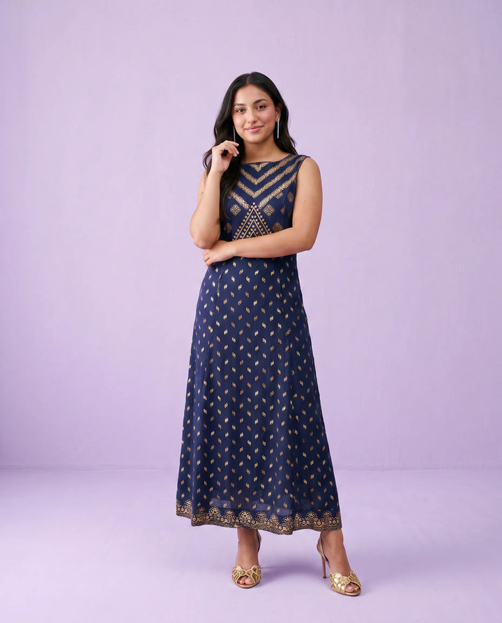 Navy Printed Rayon Sleeveless Maxi Dress