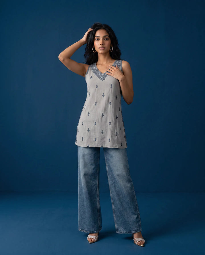 Grey Embroidered Cotton Blended Sleeveless Short Kurti