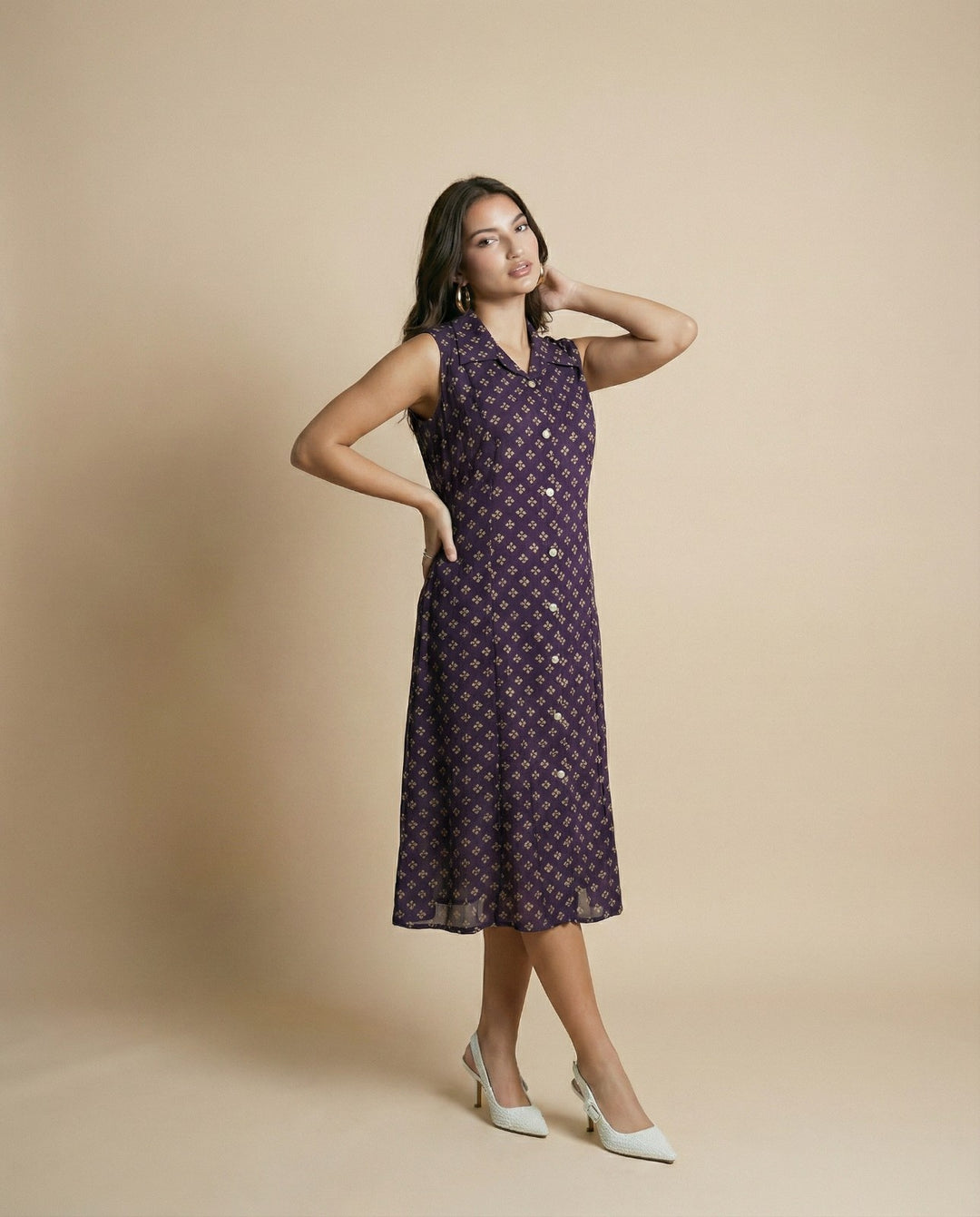 Purple Printed Viscose Blended Midi Dress