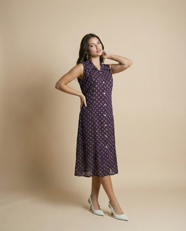 Purple Printed Viscose Blended Midi Dress