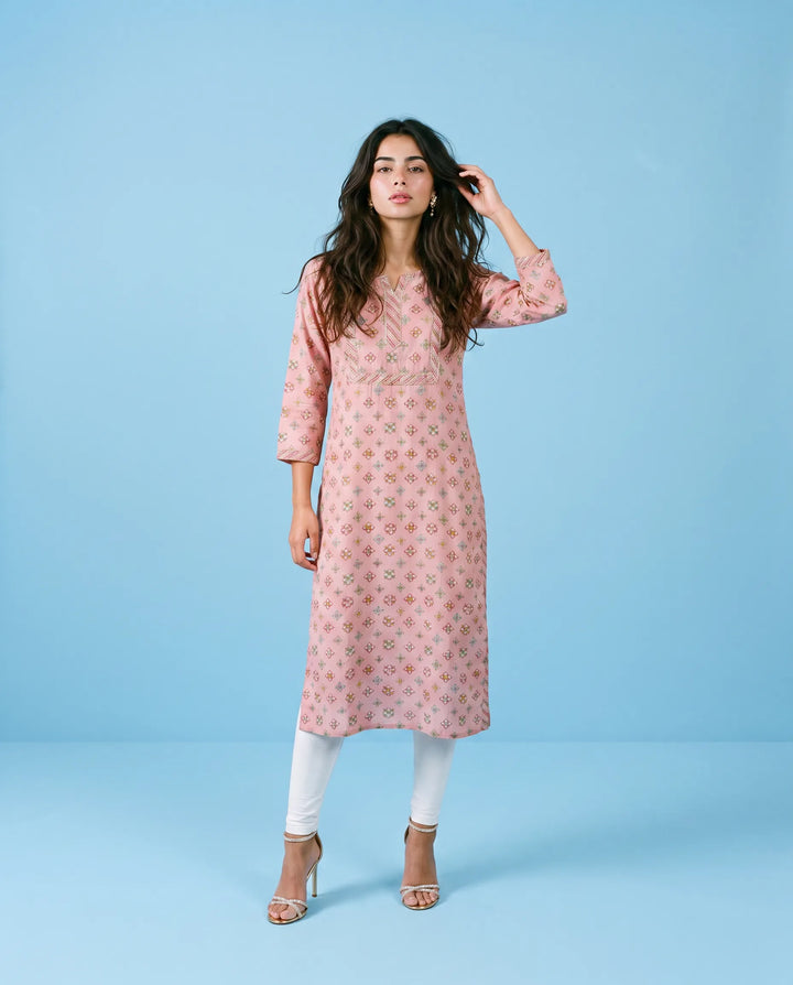 Pink Printed Viscose Blended Straight cut Long Kurta
