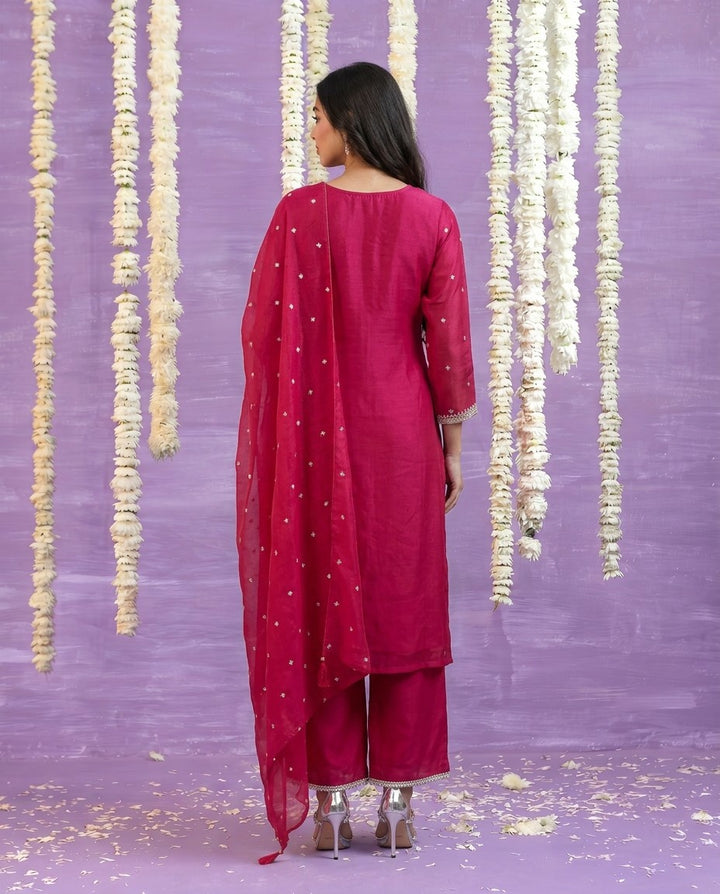 Magenta Embriodered Silk Blended Kurta Bottom Dupatta Set