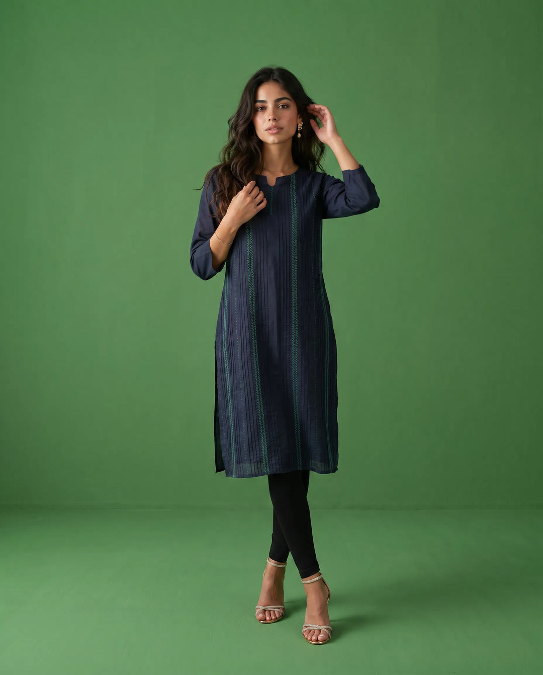 Navy Embroidered Cotton Straight cut Long Kurta
