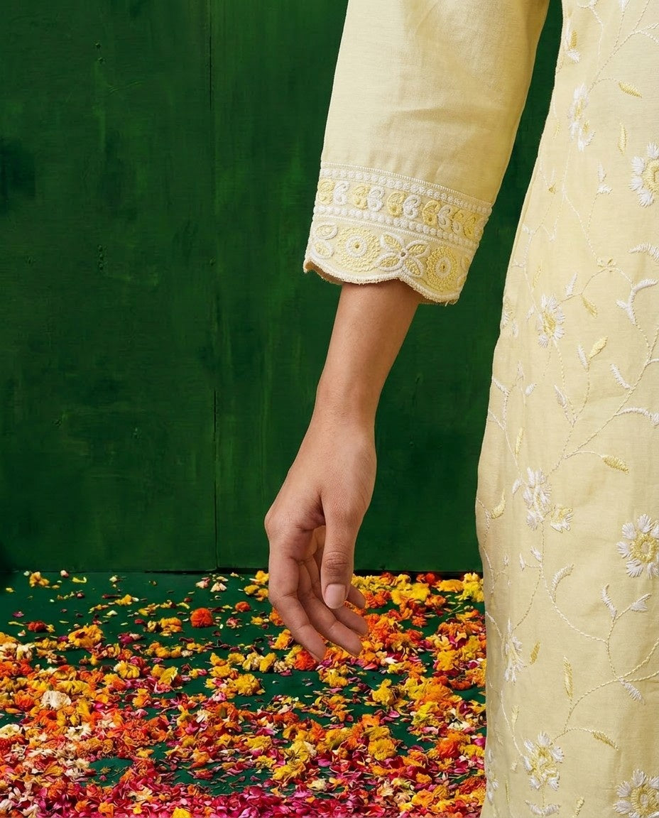 Yellow Embriodered Cotton Satin Co-Ord Set