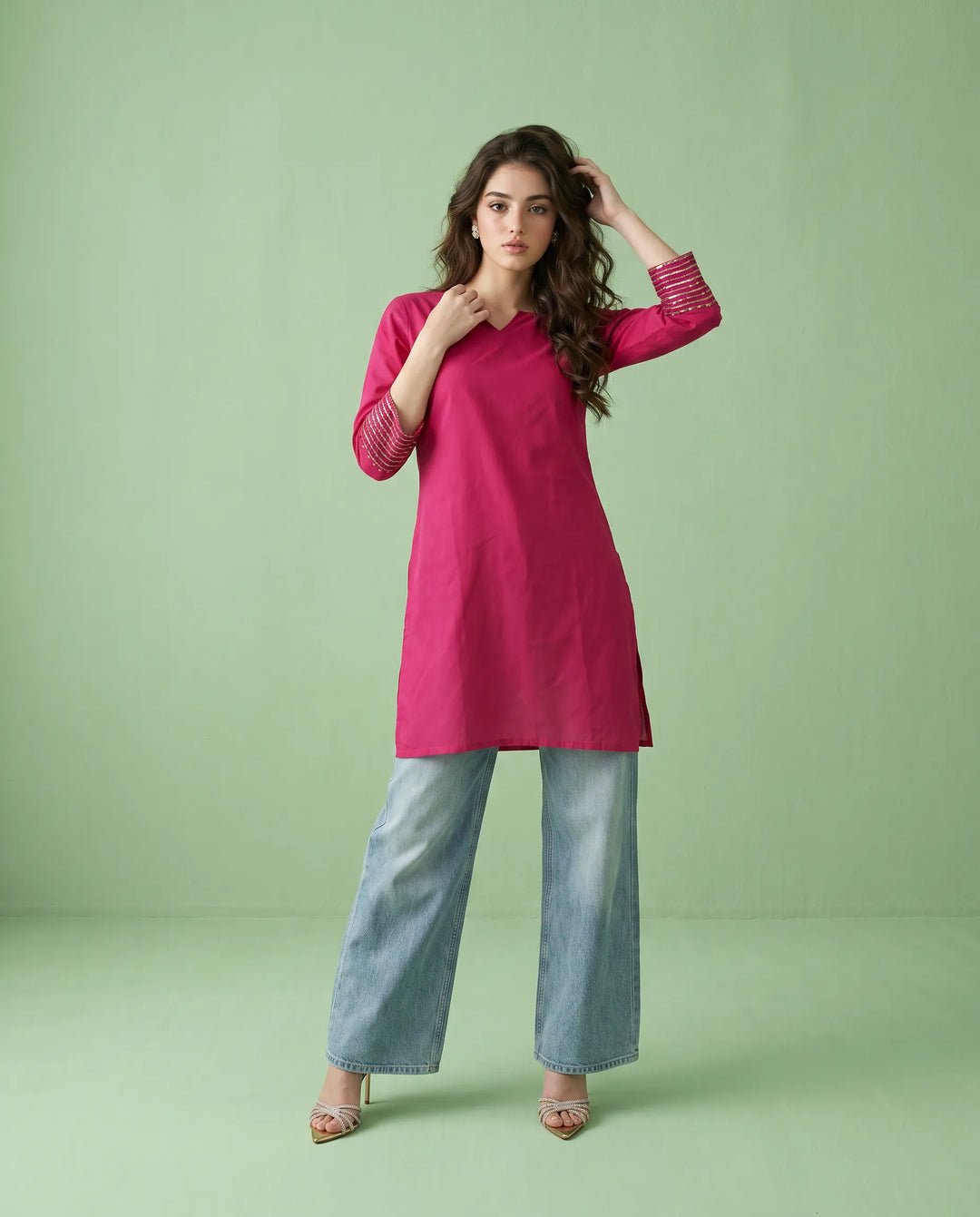 Magenta Embroidered Cotton Short Kurti