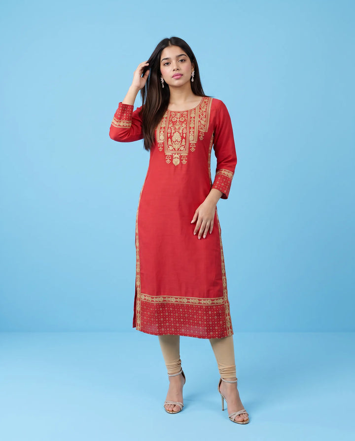 Red Embroidered Viscose Blended Straight cut Long Kurta