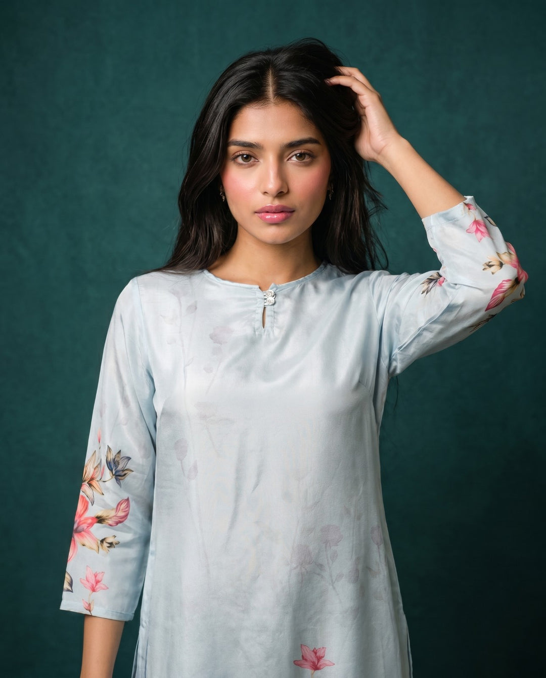 Grey Printed Crepe Silk Straight cut Long Kurta