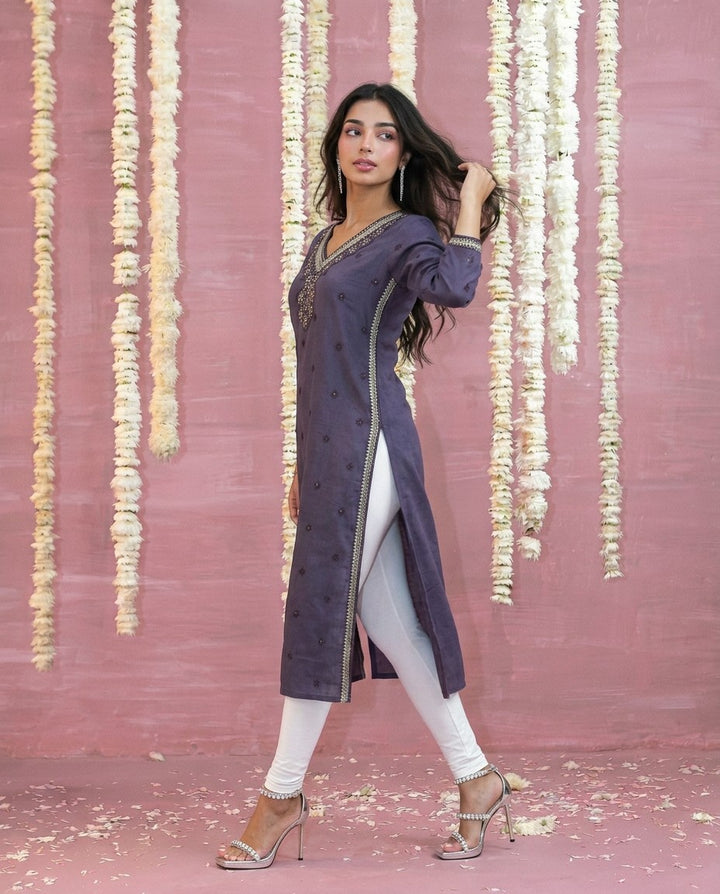 Purple Embroidered Viscose Blended Straight cut Long Kurta