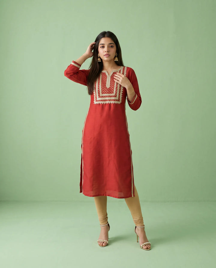 Maroon Printed Silk Blended Straight cut Long Kurta