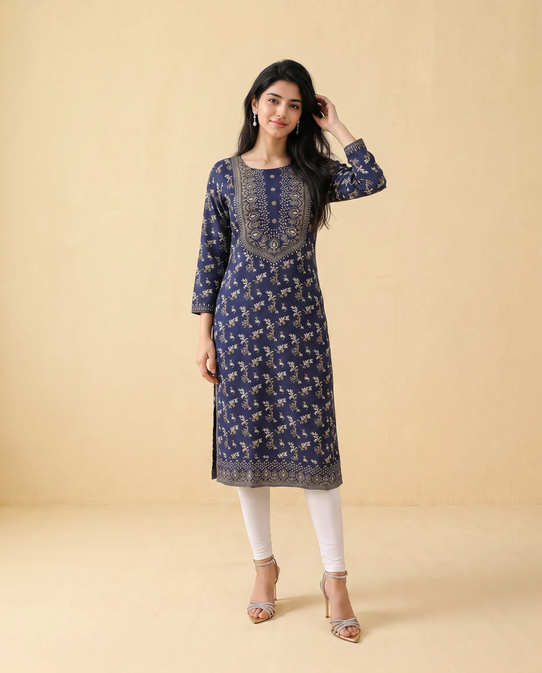 Navy Printed Cotton Straight Cut Long Kurta
