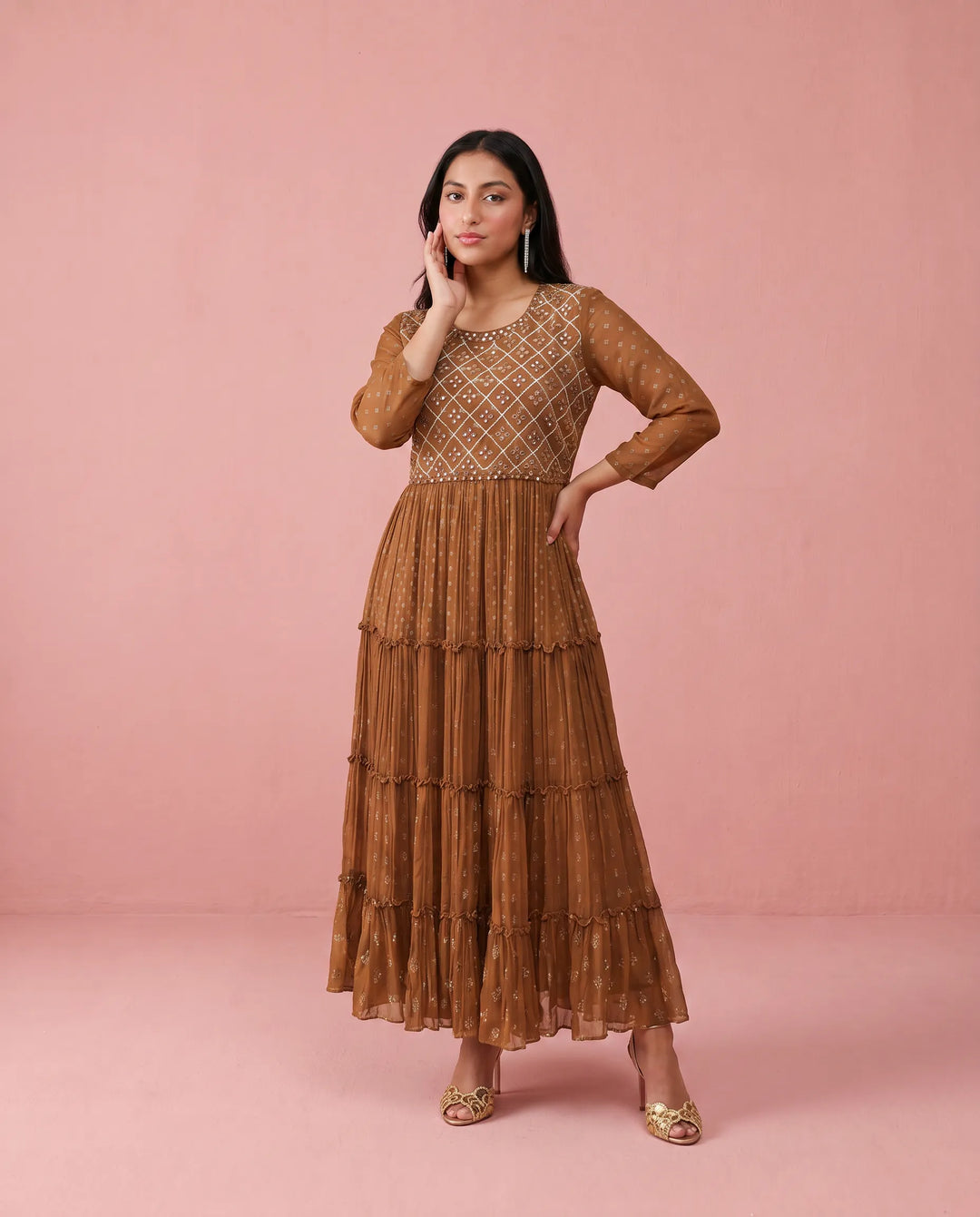 Brown Embriodered Georgette Maxi Dress