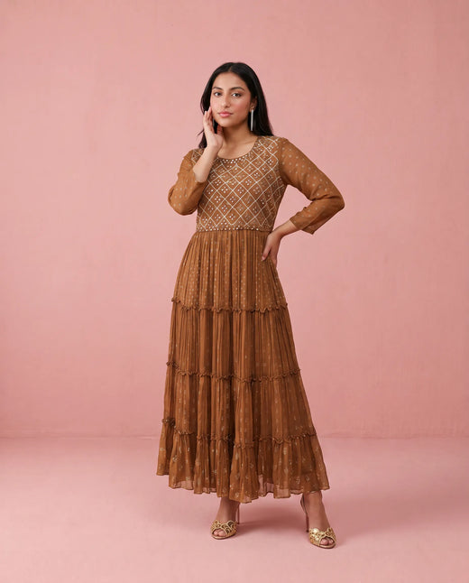 Brown Embriodered Georgette Maxi Dress