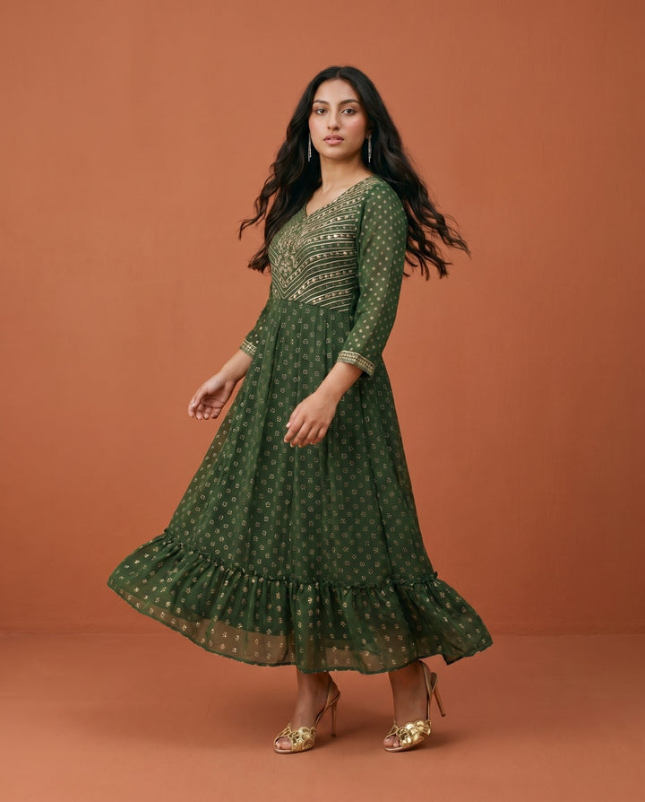 Bottle Green Embriodered Georgette Maxi Dress