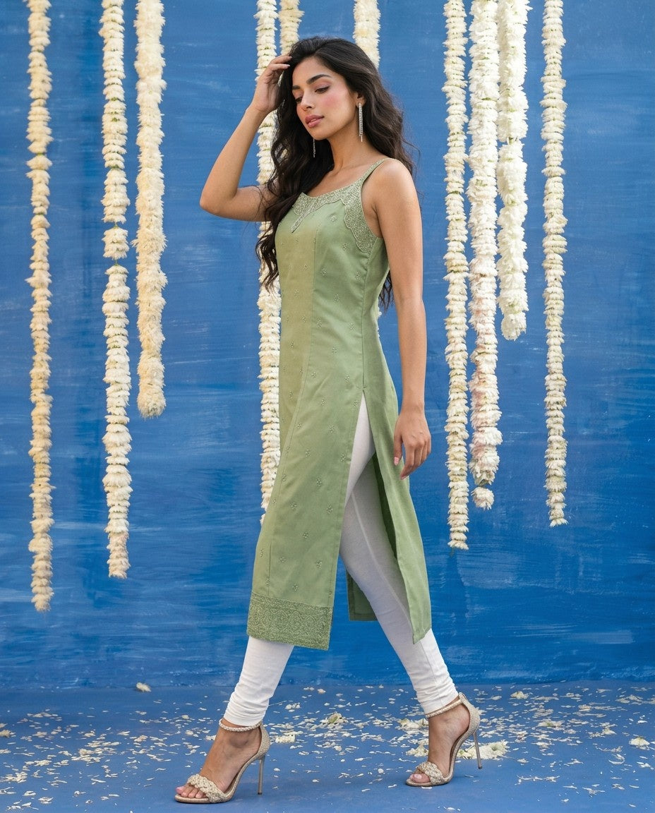 Green Embroidered Viscose Blended Spaghetti Strap Straight Cut Long Kurta