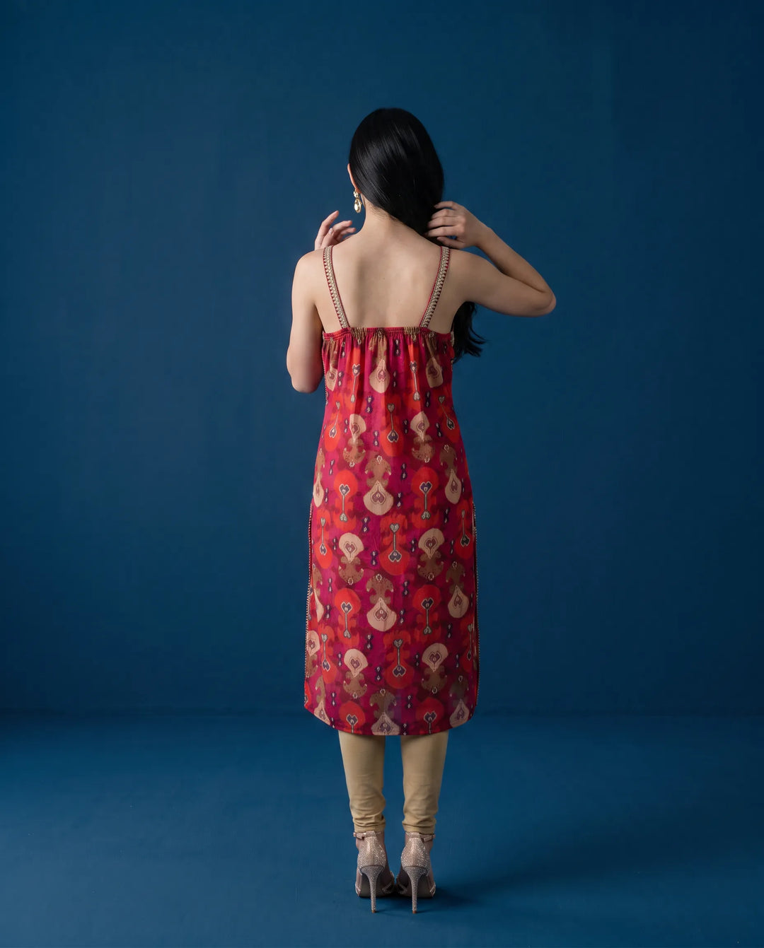 Pink Printed Viscose Blended Spaghetti Strap Straight Cut Long Kurta