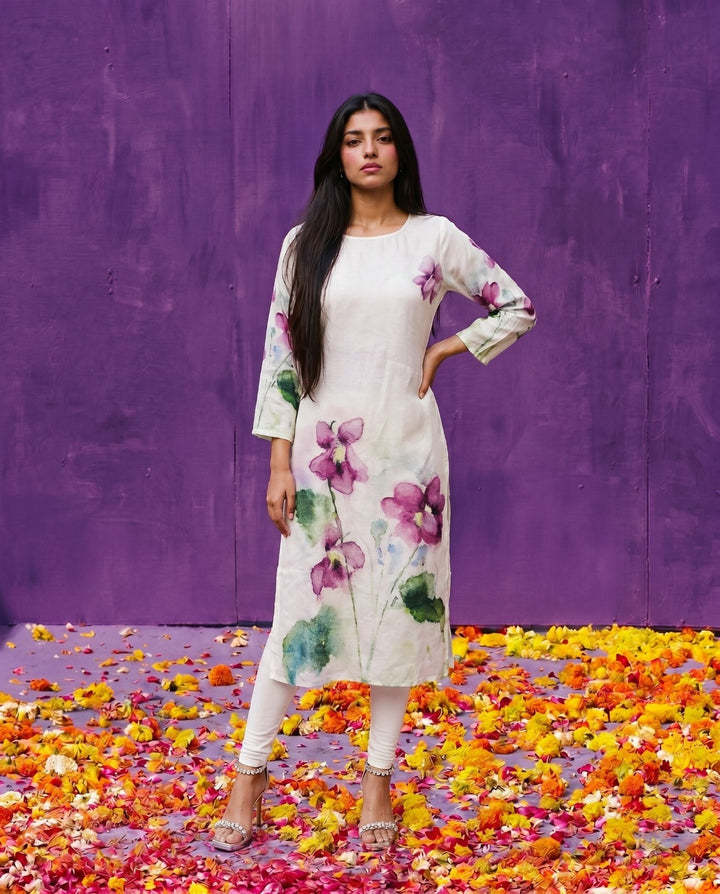 Multi Colour Printed Crepe Silk Straight cut Long Kurta