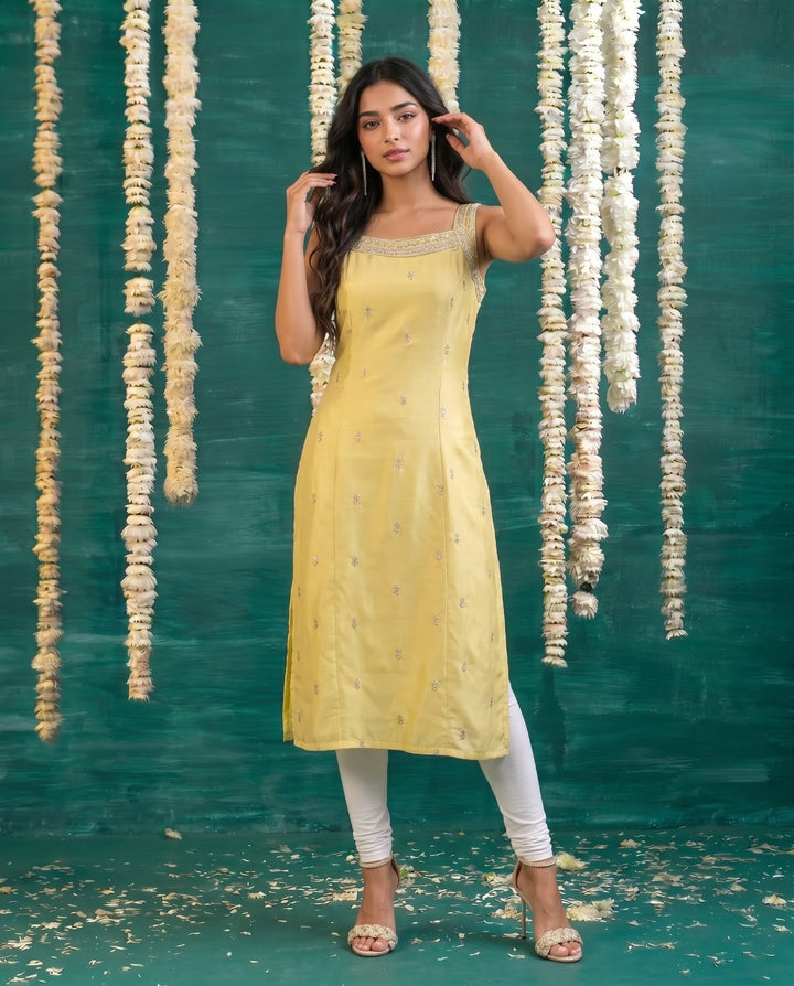 Yellow Embroidered Viscose Blended  Sleeveless Straight cut Long Kurta