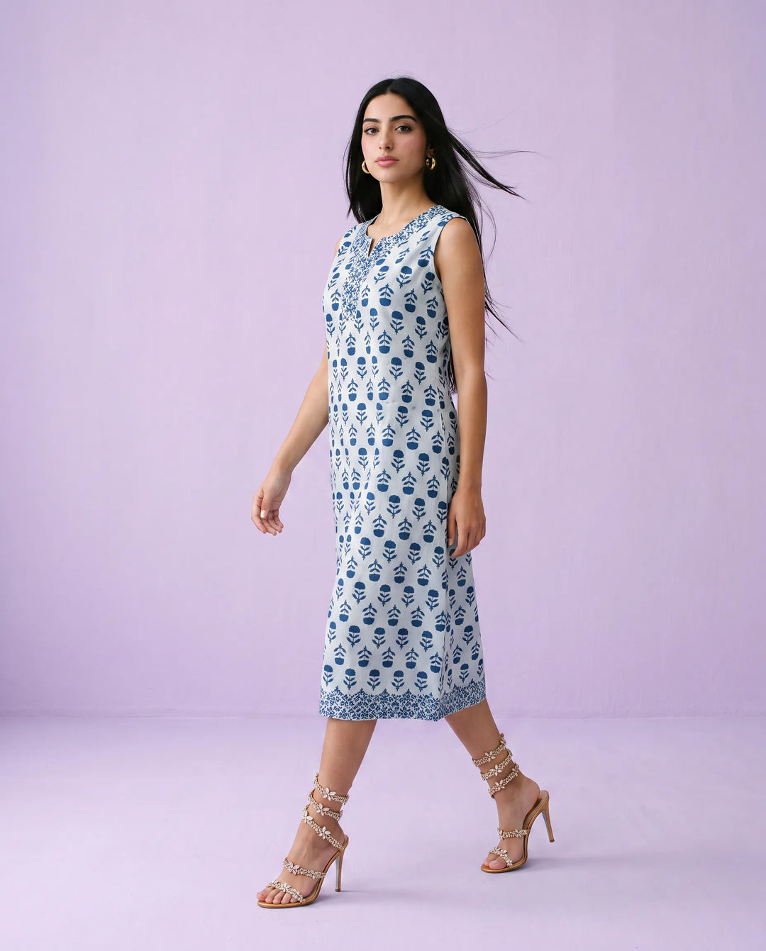 Blue Printed Pure Cotton Hand-Block Printed Midi Dress