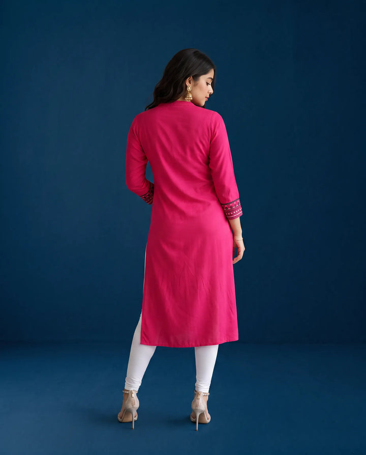Pink Embroidered Rayon Straight cut Long Kurta