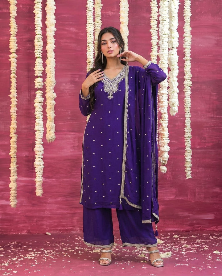 Purple Embriodered Silk Blended Kurta Bottom Dupatta Set