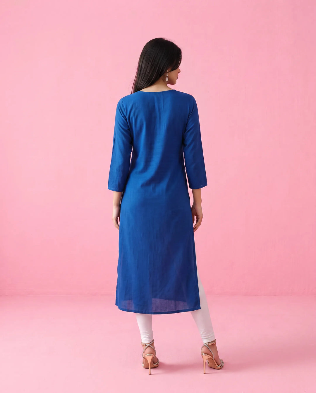 Navy Embroidered Rayon Straight Cut Long Kurta