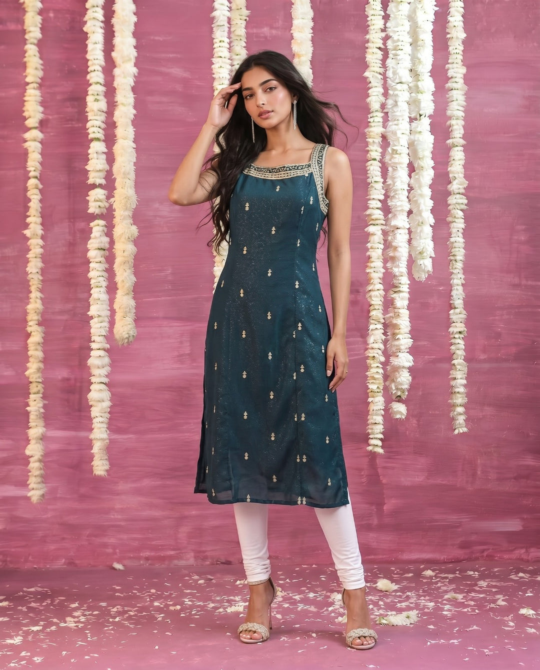 Turquoise Embroidered Viscose Blended Sleeveless Straight cut Long Kurta