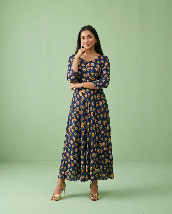 Navy Printed Rayon Maxi Dress