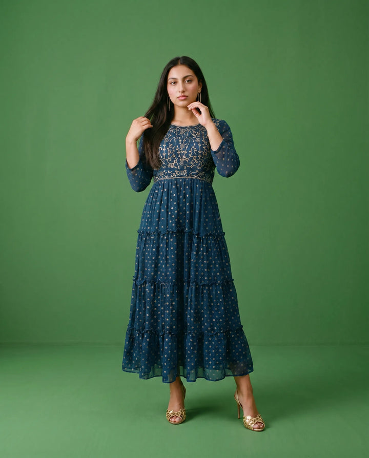 Navy Embriodered Georgette Maxi Dress