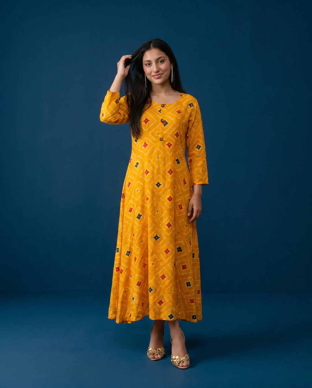 Mustard Printed Rayon Maxi Dress