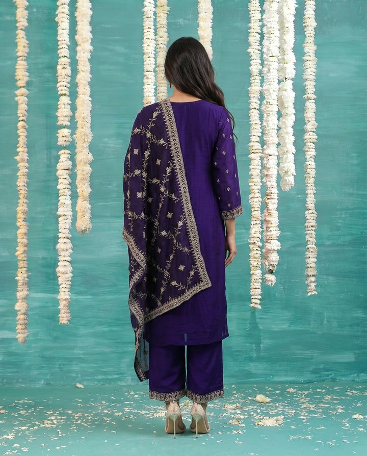 Purple Embriodered Silk Blended Kurta Bottom Dupatta Set