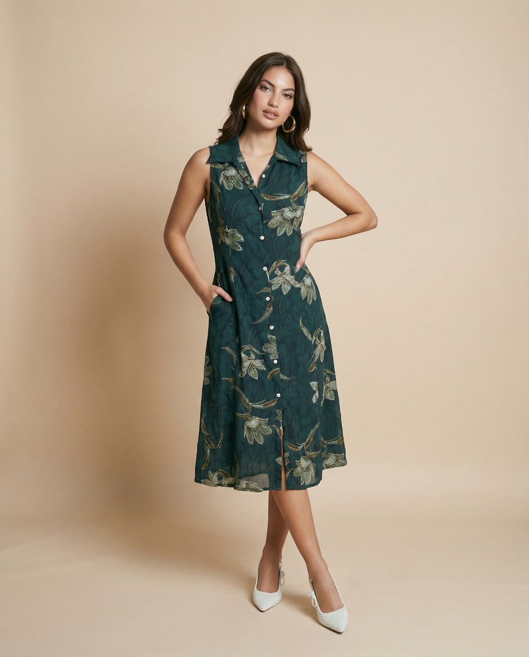 Green Printed Rayon Midi Dress